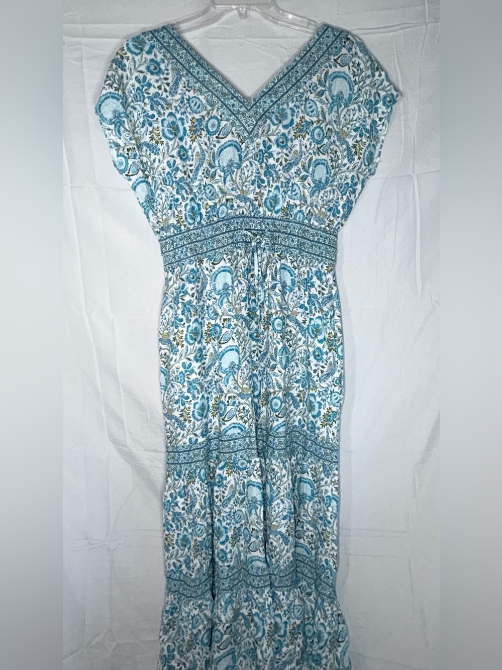 Rachel Zoe boho linen blend maxi dress featuring a blue and white tiered floral